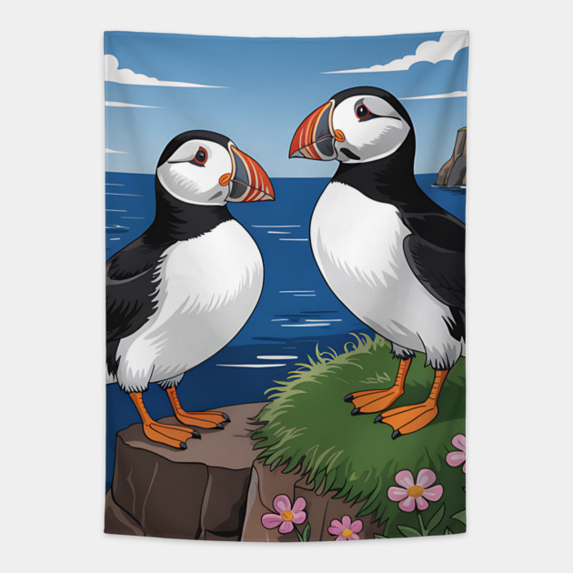 Atlantic Puffins on Scenic Coastal Cliffside View Tapestry by BirdsnStuff