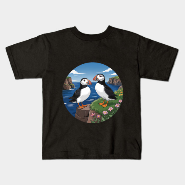 Atlantic Puffins on Scenic Coastal Cliffside View Kids T-Shirt by BirdsnStuff