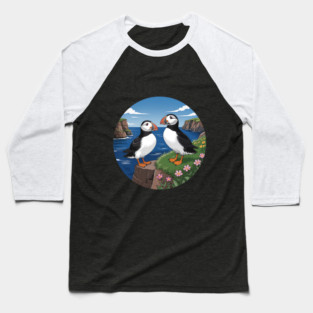 Atlantic Puffins on Scenic Coastal Cliffside View Baseball T-Shirt