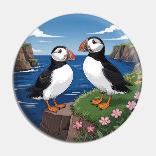 Atlantic Puffins on Scenic Coastal Cliffside View Pin