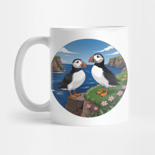 Atlantic Puffins on Scenic Coastal Cliffside View Mug