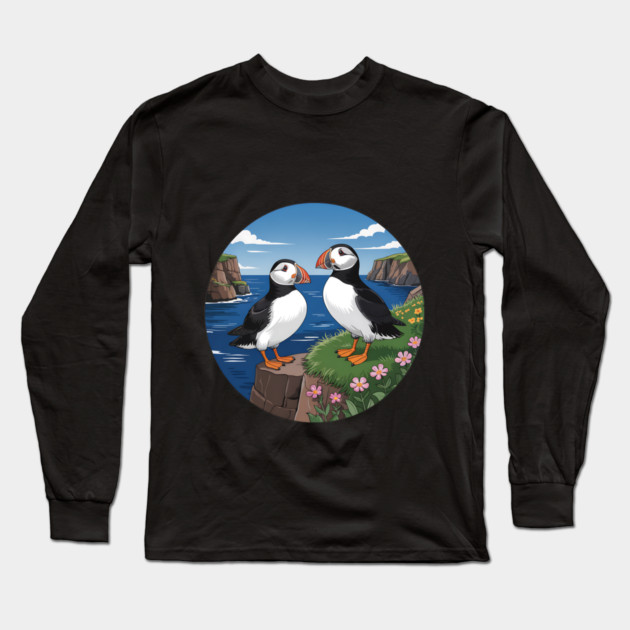 Atlantic Puffins on Scenic Coastal Cliffside View Long Sleeve T-Shirt by BirdsnStuff