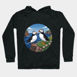 Atlantic Puffins on Scenic Coastal Cliffside View Hoodie