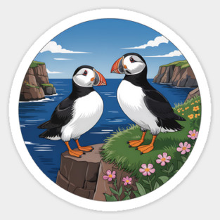 Atlantic Puffins on Scenic Coastal Cliffside View Magnet