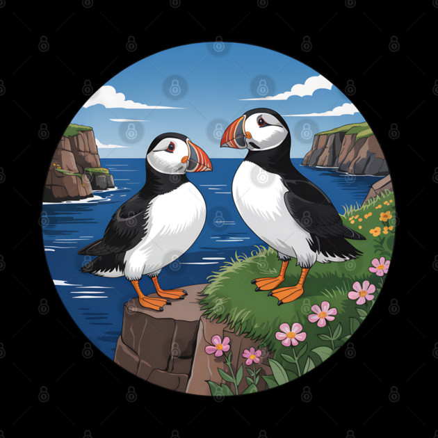 Atlantic Puffins on Scenic Coastal Cliffside View by BirdsnStuff