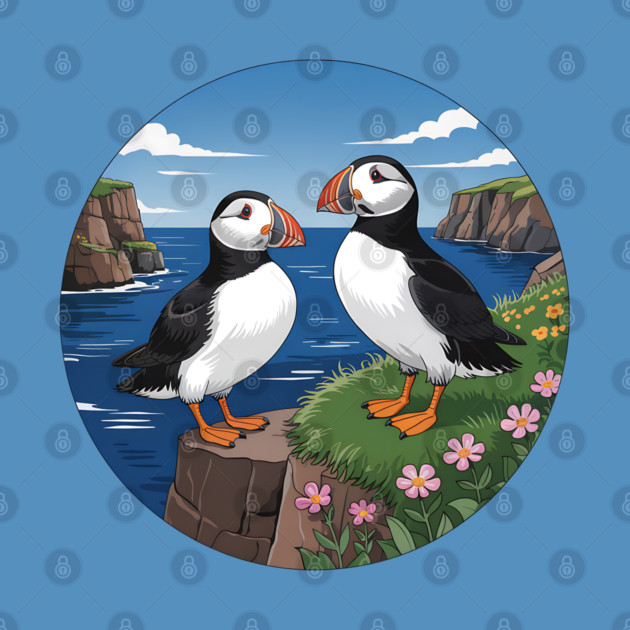 Atlantic Puffins on Scenic Coastal Cliffside View by BirdsnStuff