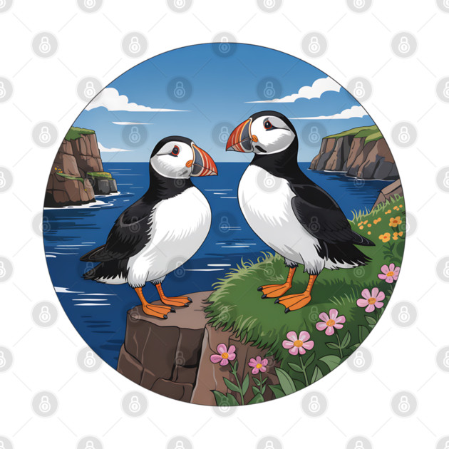 Atlantic Puffins on Scenic Coastal Cliffside View by BirdsnStuff