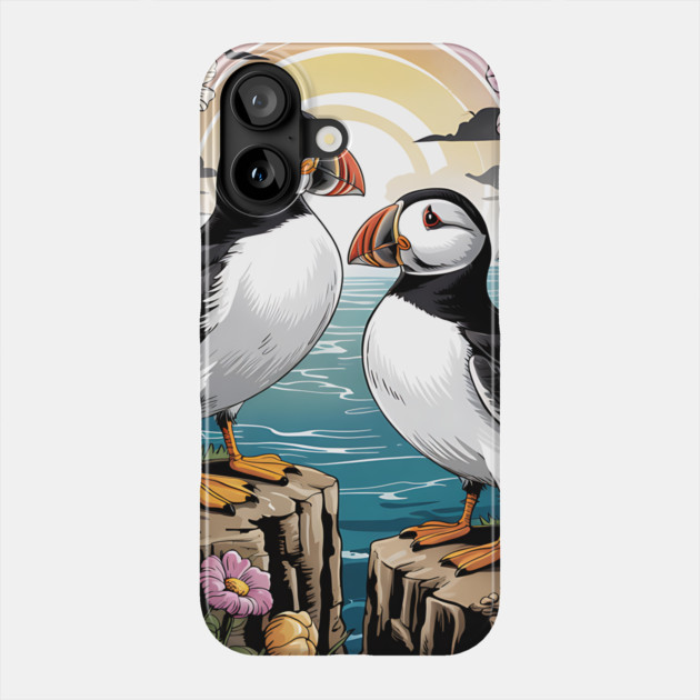 Puffins at Sunset with Coastal Wildflowers Phone Case by BirdsnStuff