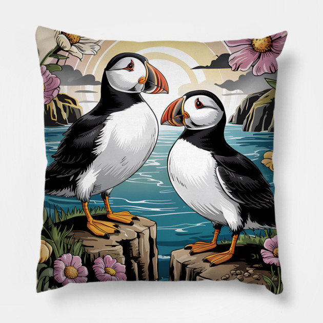 Puffins at Sunset with Coastal Wildflowers Pillow by BirdsnStuff