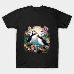 Puffins at Sunset with Coastal Wildflowers T-Shirt