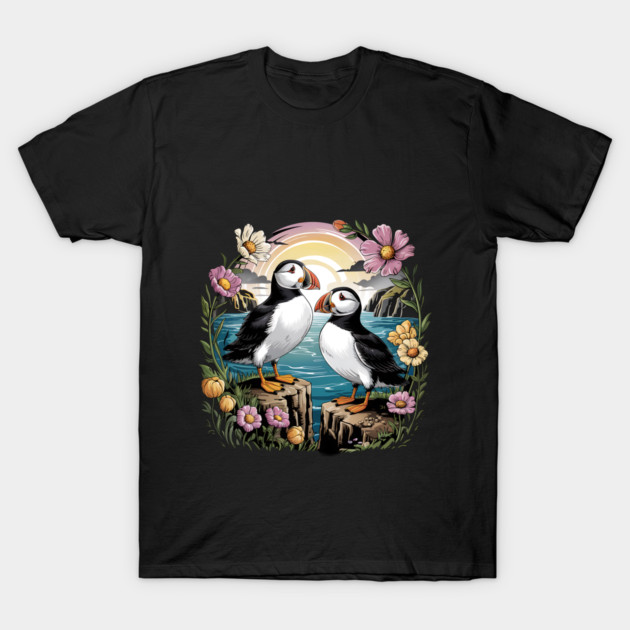 Puffins at Sunset with Coastal Wildflowers T-Shirt by BirdsnStuff