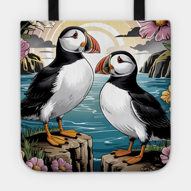 Puffins at Sunset with Coastal Wildflowers Tote by BirdsnStuff