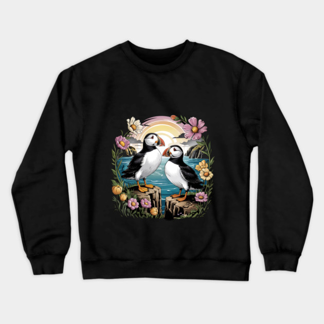 Puffins at Sunset with Coastal Wildflowers Crewneck Sweatshirt by BirdsnStuff