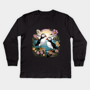 Puffins at Sunset with Coastal Wildflowers Kids Long Sleeve T-Shirt