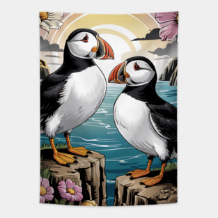 Puffins at Sunset with Coastal Wildflowers Tapestry