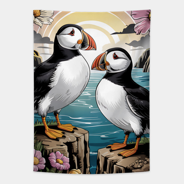 Puffins at Sunset with Coastal Wildflowers Tapestry by BirdsnStuff