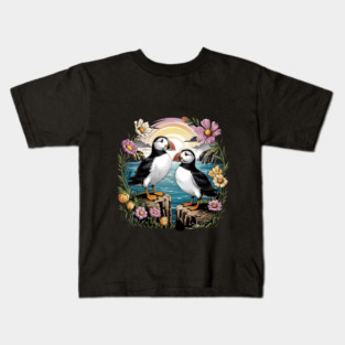 Puffins at Sunset with Coastal Wildflowers Kids T-Shirt