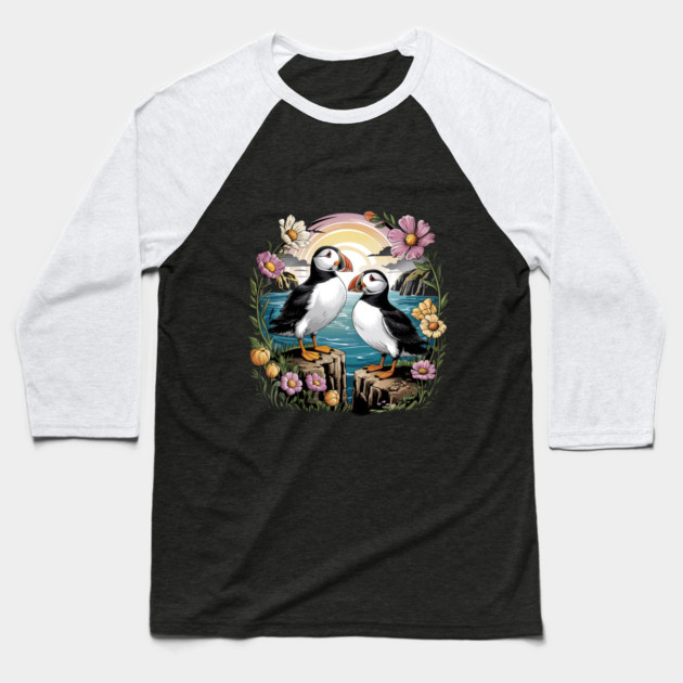 Puffins at Sunset with Coastal Wildflowers Baseball T-Shirt by BirdsnStuff