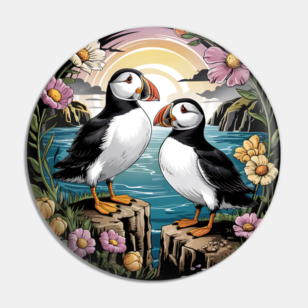 Puffins at Sunset with Coastal Wildflowers Pin by BirdsnStuff