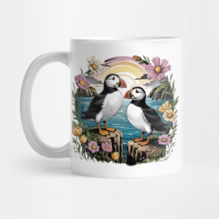 Puffins at Sunset with Coastal Wildflowers Mug