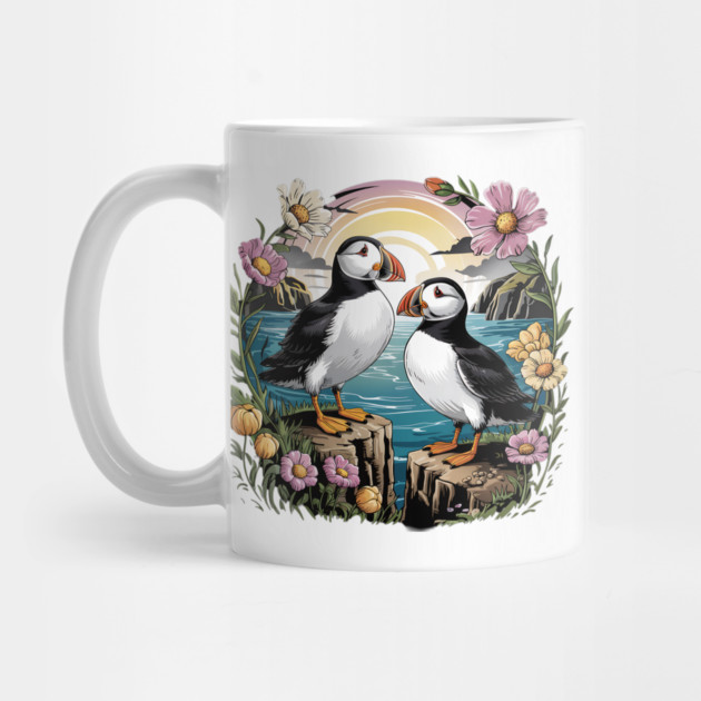 Puffins at Sunset with Coastal Wildflowers by BirdsnStuff