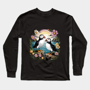 Puffins at Sunset with Coastal Wildflowers Long Sleeve T-Shirt
