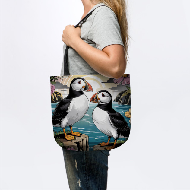 Puffins at Sunset with Coastal Wildflowers by BirdsnStuff