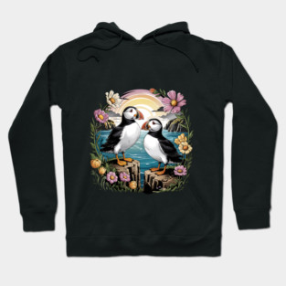 Puffins at Sunset with Coastal Wildflowers Hoodie