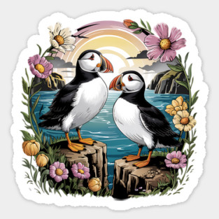 Puffins at Sunset with Coastal Wildflowers Sticker