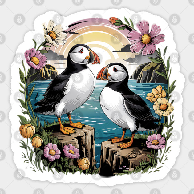 Puffins at Sunset with Coastal Wildflowers Sticker by BirdsnStuff