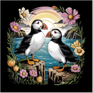 Puffins at Sunset with Coastal Wildflowers Posters and Art
