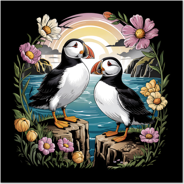 Puffins at Sunset with Coastal Wildflowers Wall Art by BirdsnStuff