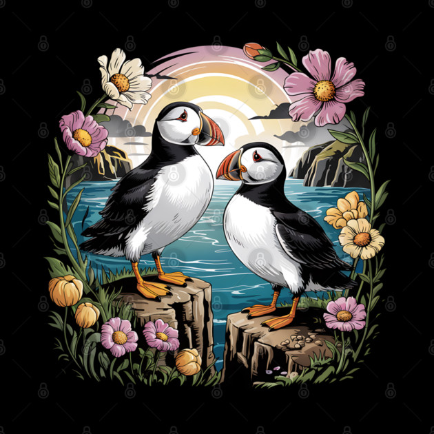 Puffins at Sunset with Coastal Wildflowers by BirdsnStuff