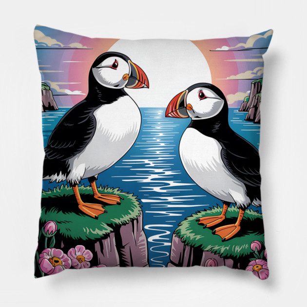 Puffins Beneath a Dreamy Ocean Sunset Sky Pillow by BirdsnStuff