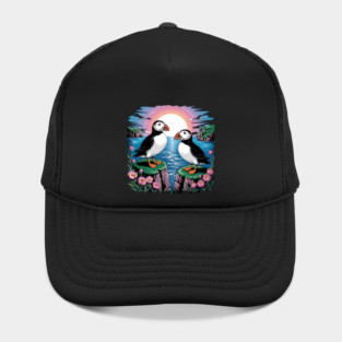 Puffins Beneath a Dreamy Ocean Sunset Sky Hat