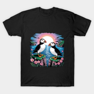 Puffins Beneath a Dreamy Ocean Sunset Sky T-Shirt