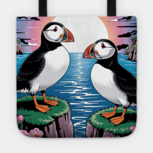 Puffins Beneath a Dreamy Ocean Sunset Sky Tote