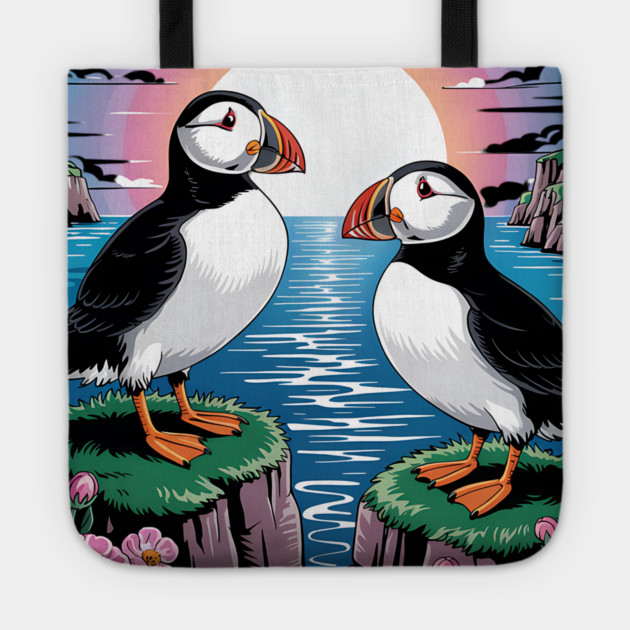 Puffins Beneath a Dreamy Ocean Sunset Sky Tote by BirdsnStuff