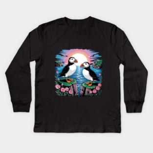 Puffins Beneath a Dreamy Ocean Sunset Sky Kids Long Sleeve T-Shirt