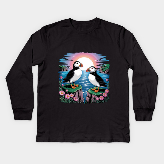 Puffins Beneath a Dreamy Ocean Sunset Sky Kids Long Sleeve T-Shirt by BirdsnStuff