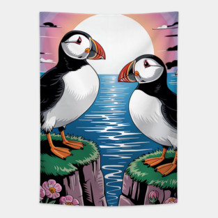 Puffins Beneath a Dreamy Ocean Sunset Sky Tapestry
