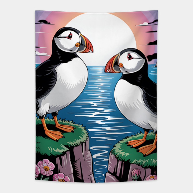 Puffins Beneath a Dreamy Ocean Sunset Sky Tapestry by BirdsnStuff