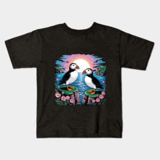Puffins Beneath a Dreamy Ocean Sunset Sky Kids T-Shirt