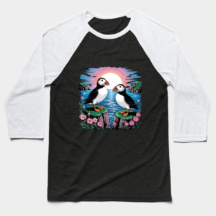 Puffins Beneath a Dreamy Ocean Sunset Sky Baseball T-Shirt