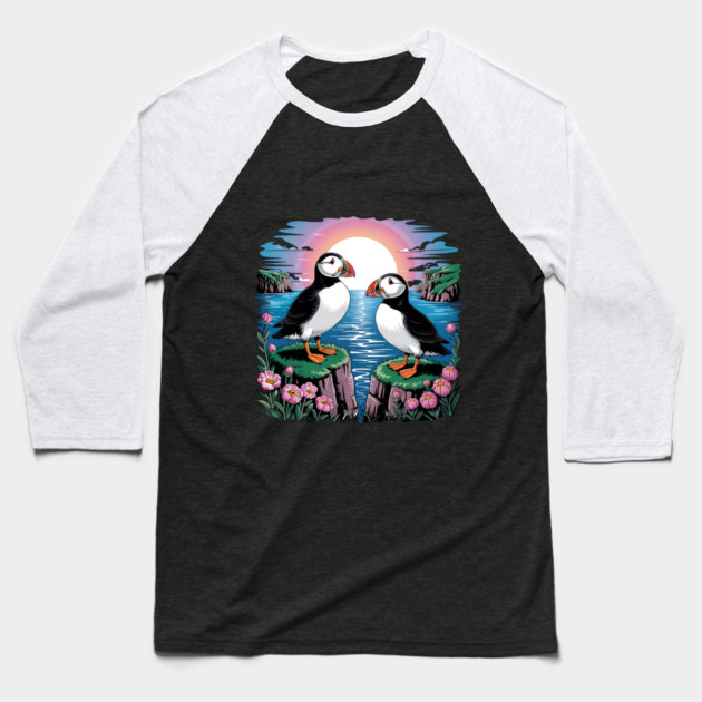 Puffins Beneath a Dreamy Ocean Sunset Sky Baseball T-Shirt by BirdsnStuff