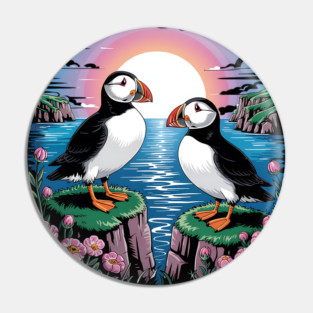 Puffins Beneath a Dreamy Ocean Sunset Sky Pin