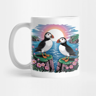Puffins Beneath a Dreamy Ocean Sunset Sky Mug