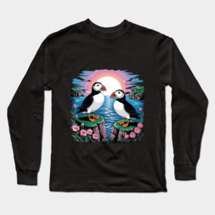 Puffins Beneath a Dreamy Ocean Sunset Sky Long Sleeve T-Shirt