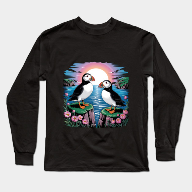 Puffins Beneath a Dreamy Ocean Sunset Sky Long Sleeve T-Shirt by BirdsnStuff