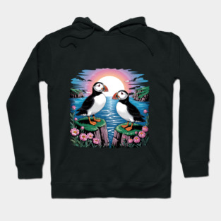 Puffins Beneath a Dreamy Ocean Sunset Sky Hoodie